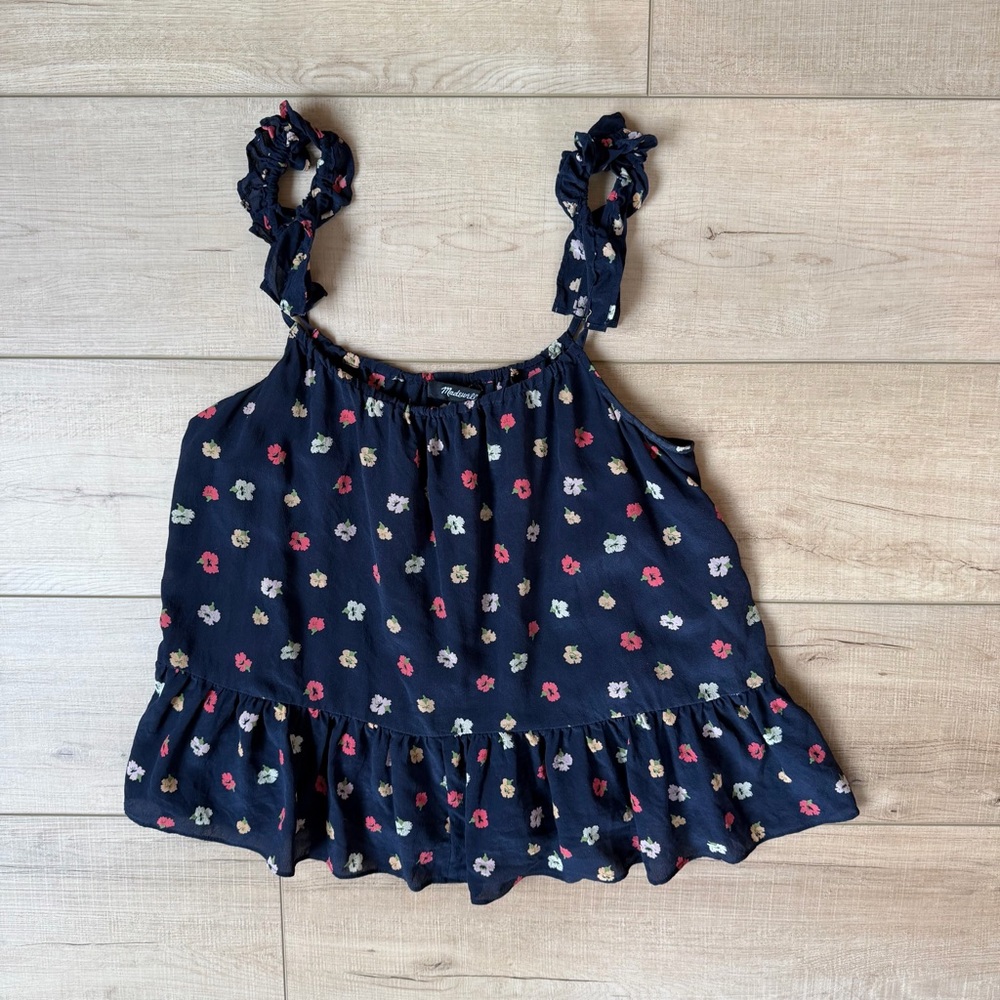 Madewell 100% Silk Tank Size 8 Ruffle Strap Cami Confetti Floral Navy Blue